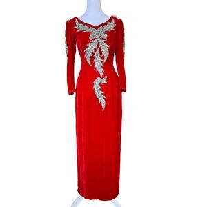 Vintage Custom Made Red Velvet Beaded Gown XS/S Crystal Embellished Glam Couture